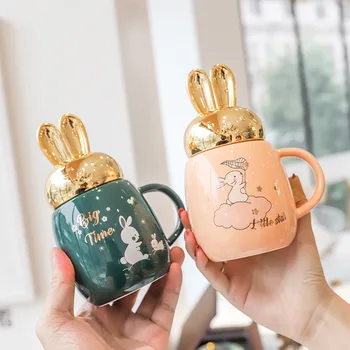 

Cartoon rabbit ears ceramic mug with Lid,Simple coffee mugs Coffee Milk Cup Funny Ceramic Mug Water Cup