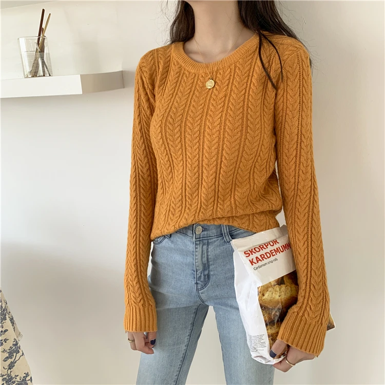 Knitted Sweater Woman Pullover Solid Color Candy Colors Basic Long Sleeves O-neck Jumpers