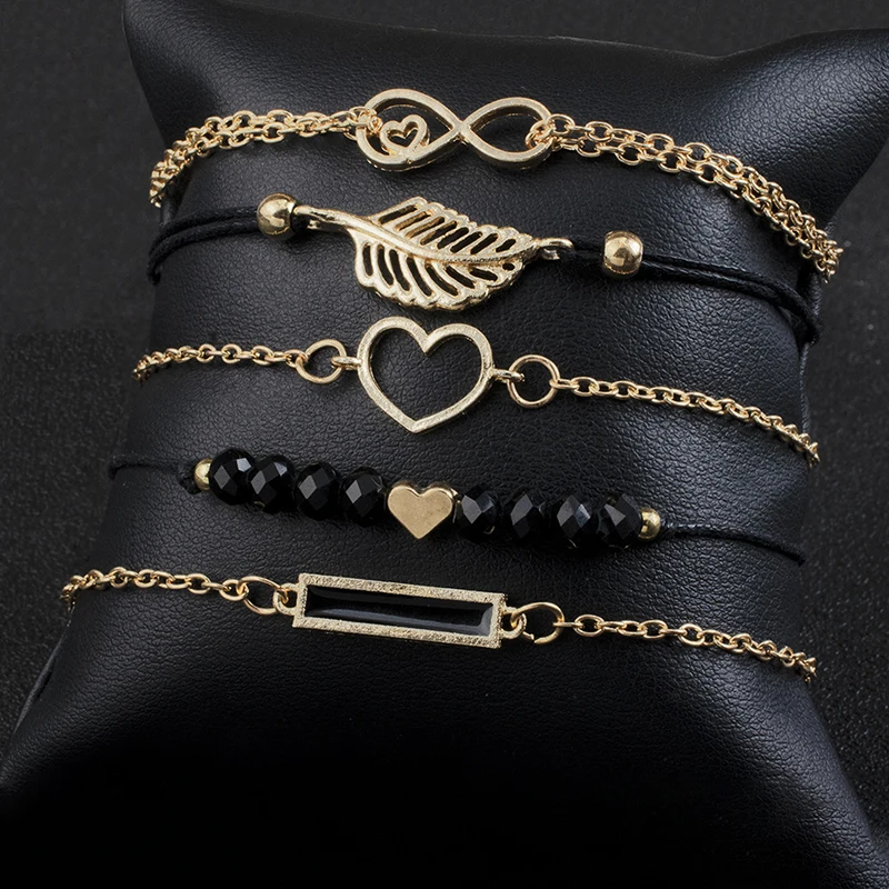 Модная богемная цепочка с черными бусинами браслеты для женщин Модный компас-сердце золотой цвет цепи браслеты наборы ювелирных изделий подарок