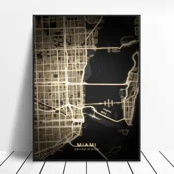 

Denver Detroit Las Vegas Los Angeles Miami United States Black and gold Canvas Wall Art Map Poster