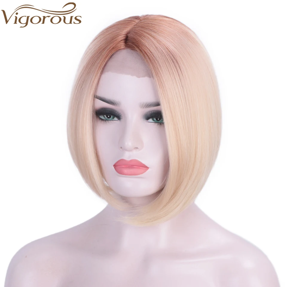 

Vigorous Synthetic Lace Front Wigs for Women Ombre Honey Blonde Bob Hair Heat Resistant Short Straight Hair Wig