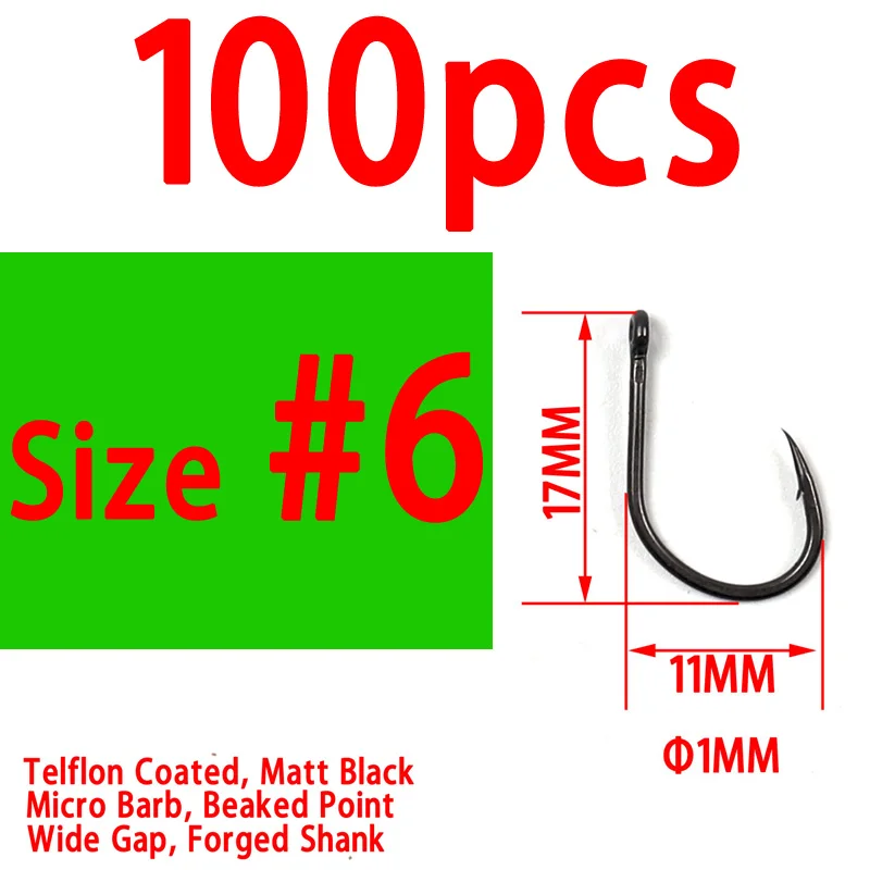 100pcs size 6 Bimoo 100 шт. тефлоновые с покрытием, заостренные точки, широкий зазор, крючки для карпа, крючки из высокоуглеродистой стали для ловли карпа, прочные рыболовные крючки, матовые черные - Цвет: 100pcs size 6