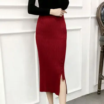 

Z 2019 Autumn Winter Skirts Womens Vintage Knit Split High Waist Skirt Long Paragraph Bag Hip Solid Skirt faldas mujer moda