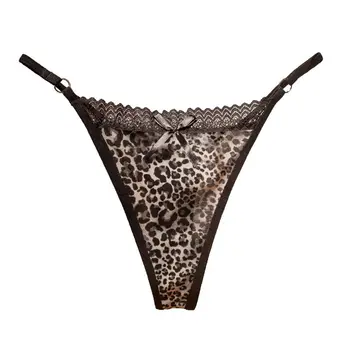 

Womens Sexy Low Rise Leopard Briefs Lingerie Hollow Out Lace Patchwork G-String Underwear Bowknot Front Ultra-Thin Thong