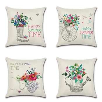 

Hello Summer Cushion Coverhand drawn flowers bike Pillow Cover Happy Summer Time Holiday Gift Pillow With Cover Square Burlap