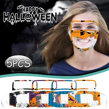 

5PCS Halloween Clear Expression Lip Reading Face Mask with Detachable Eye Shield Cloth Mouth Caps Mouth Mask Washable masques