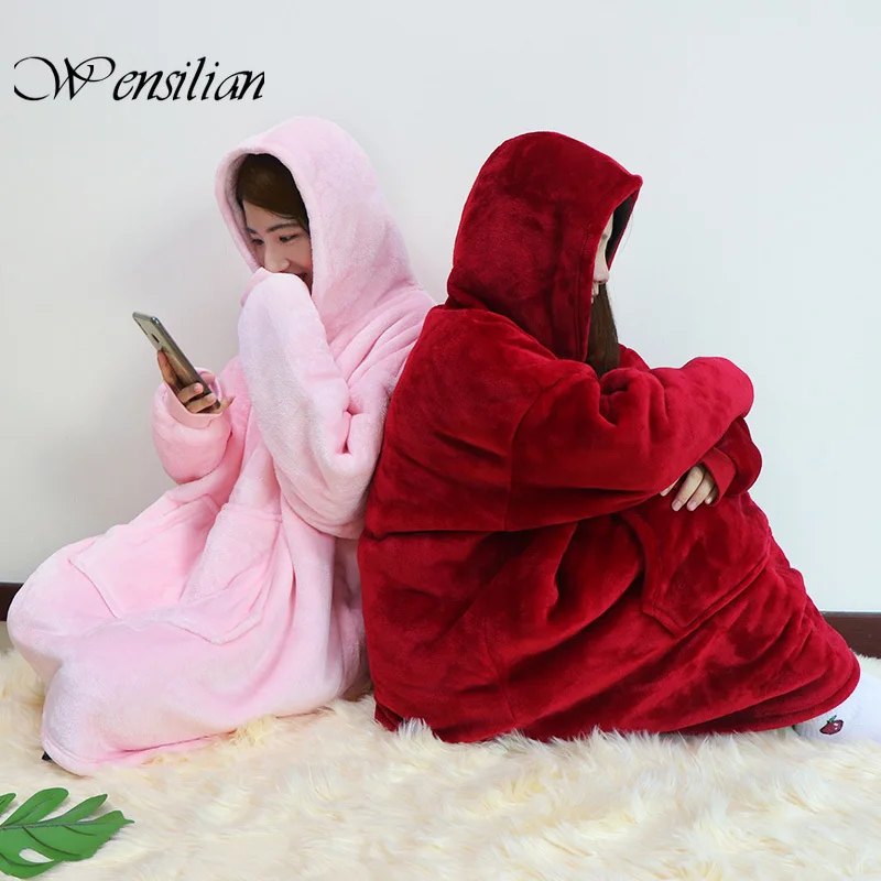 Cena Koc z rękawami kobiety obszerna bluza z kapturem polarowe ciepłe bluzy bluzy Giant TV koc kobiety Hoody Robe Casaco Feminino