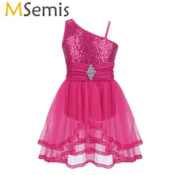 MSemis/детское танцевальное платье для девочек платье-пачка на одно плечо с блестящими блестками, балетное платье, современный танец, высокая