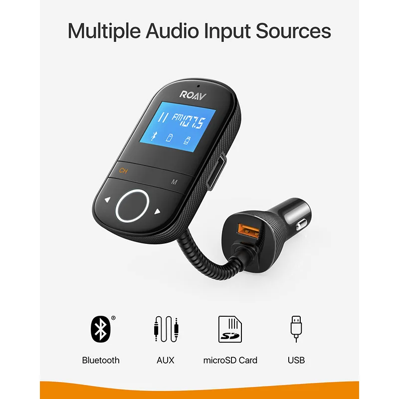 Anker Roav SmartCharge F3 беспроводной Bluetooth 4,2 fm-передатчик для автомобиля, аудио адаптер и приемник автомобильный комплект, 1,44 дюймовый дисплей