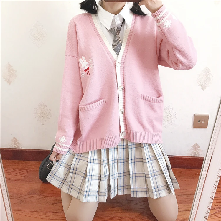 Харадзюку Мори девушка Лолита Kawaii милый мультфильм кролик вышивка свободный v-образным вырезом вязаный кардиган свитер пальто верхняя одежда