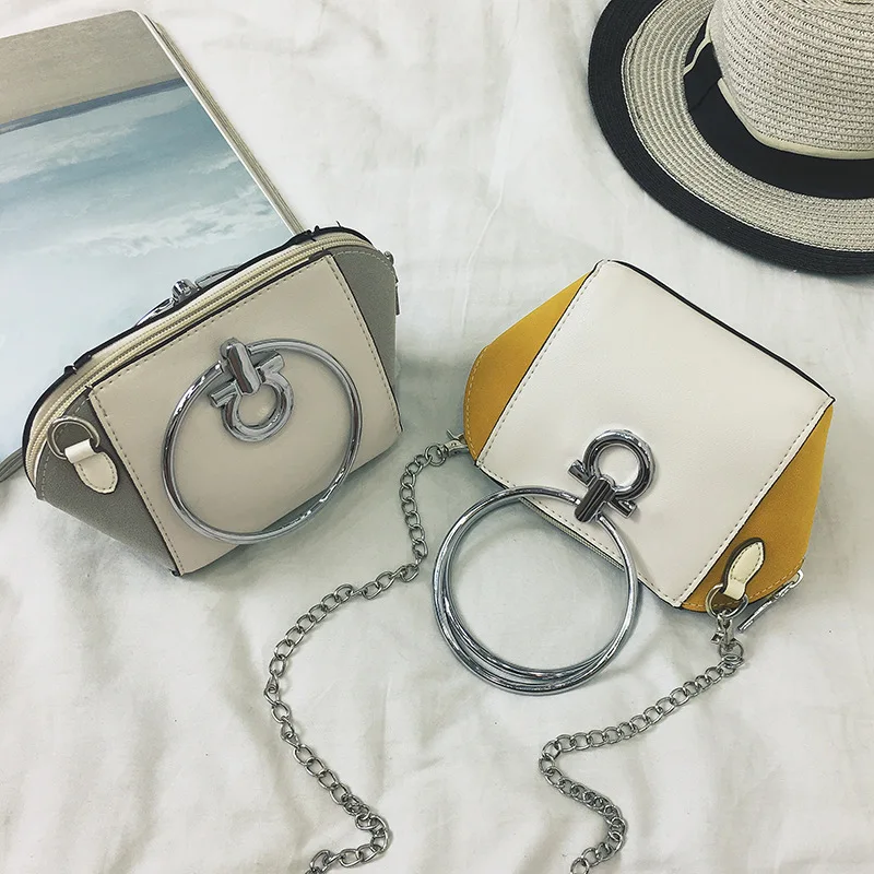 

Bag Women's 2020 New Style Korean-style Shell Bag with Chain Contrast Color Circular Ring Shoulder Bag Mini Oblique Handbag