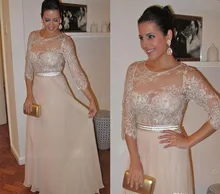 Half Sleeve Long Chiffon Mother of the Bride Dresses Plus Size Sheer Elegant Champagne Lace Formal Women Party Dress for Wedding