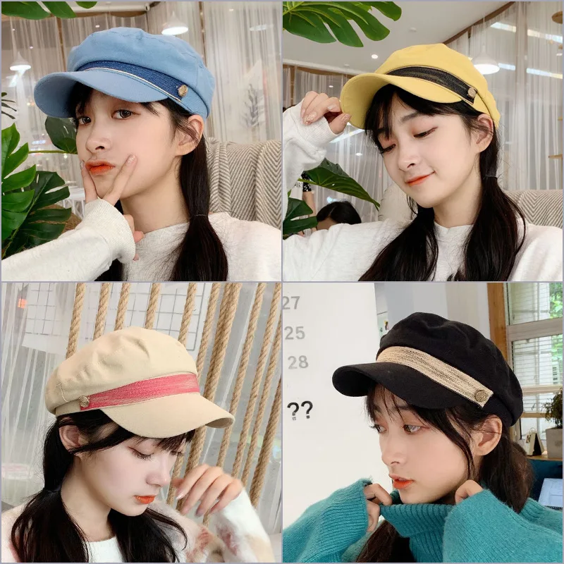 

New Products Hat Women's Spring And Autumn Flat Roof Navy Cap Versatile England Retro Octagonal Cap Korean-style Casual Students