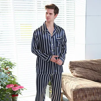 

MoneRffi Long Sleeve Stain Silk Pyjamas Sets Spring Autumn Men Soft Sleep Set Striped Shirt & Pants 2 Pcs Set Sleepwear Homewear