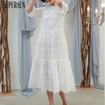 

SuperAen Korean Style Women Dress 2020 Summer and Spring New Ladies Dress Embroidery Round Neck High Waist Women Clothing