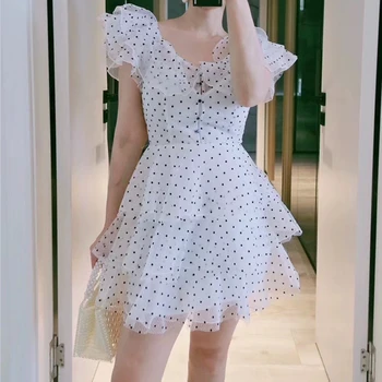 

woman white short dress runway summer 2020 polka dot dresses