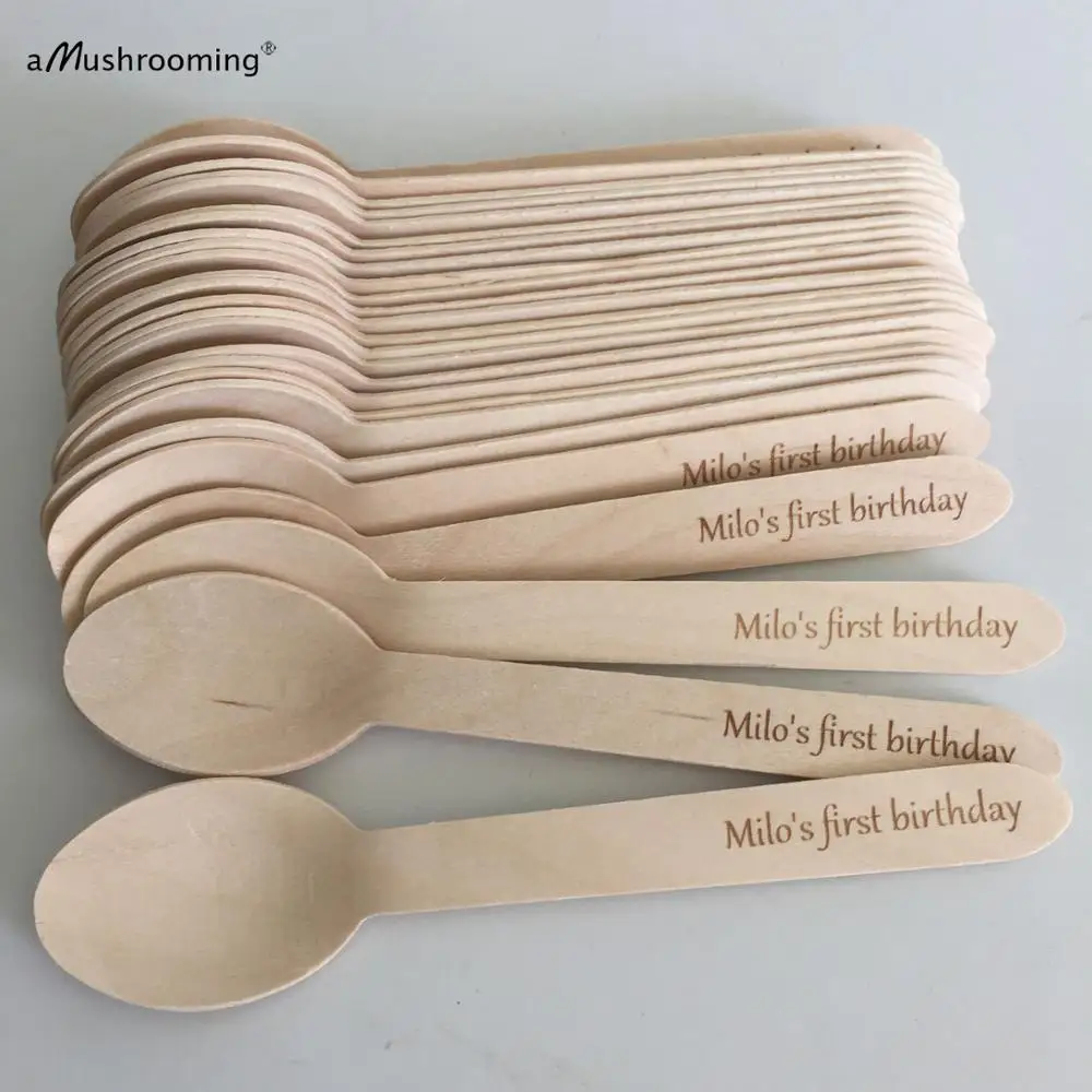 Customized Wood Spoon Engraved Spoons Biodegradable Disposable Dessert Cake Spoons Birthday Cake Dinner Eco-friendly