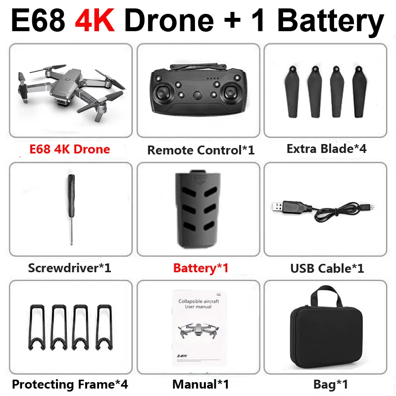 E68 складной Профессиональный Дрон с камерой 4K HD селфи WiFi FPV широкоугольный оптический поток RC Квадрокоптер вертолет детская игрушка E520S - Цвет: E68 4K 1b Bag
