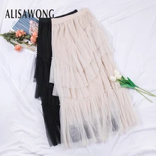 Модная кружевная юбка миди в Корейском стиле, Женская юбка с завышенной талией, юбки в сеточку, модная Милая юбка с оборками на весну и осень