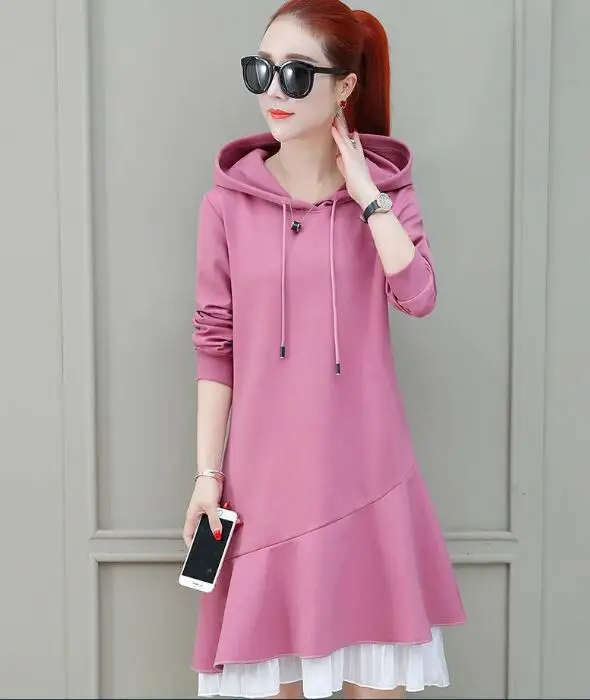 Hooded shirt ins over the knee  dress fishtail fake two pieces