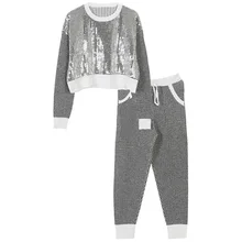 Осень и зима, топ с круглым вырезом и контрастным цветным принтом, топ с длинными рукавами и трикотажными штанами