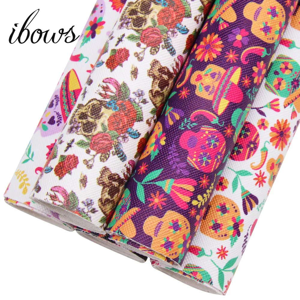

IBOWS accessories 22*30cm Flower Halloween Skull series Synthetic Leather Patchwork For Hair Bow Handbags Wallet Phone Cover DIY