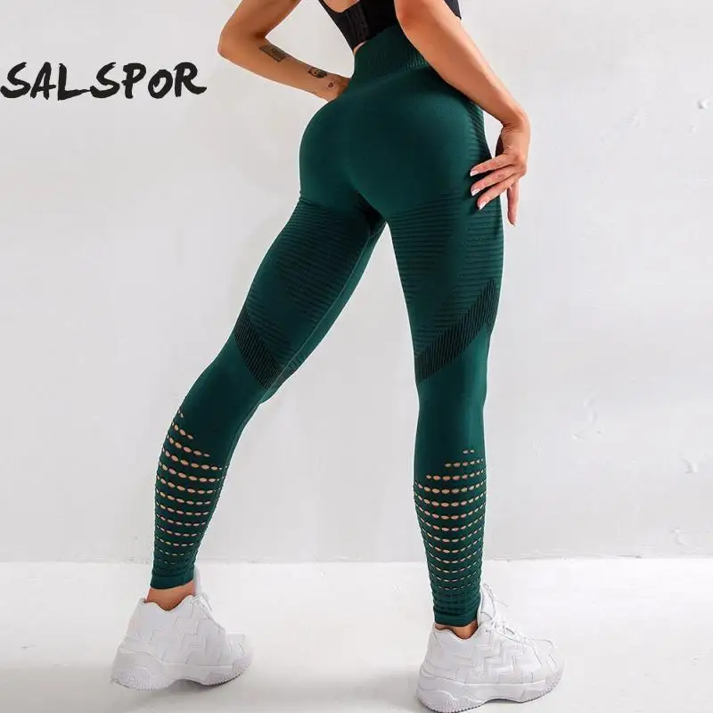 SALSPOR High Waist Yoga Leggings Hollow Out Seamless Stretch Sexy Push Up Legging Fitness Exercise Breathable Sports | Спорт и
