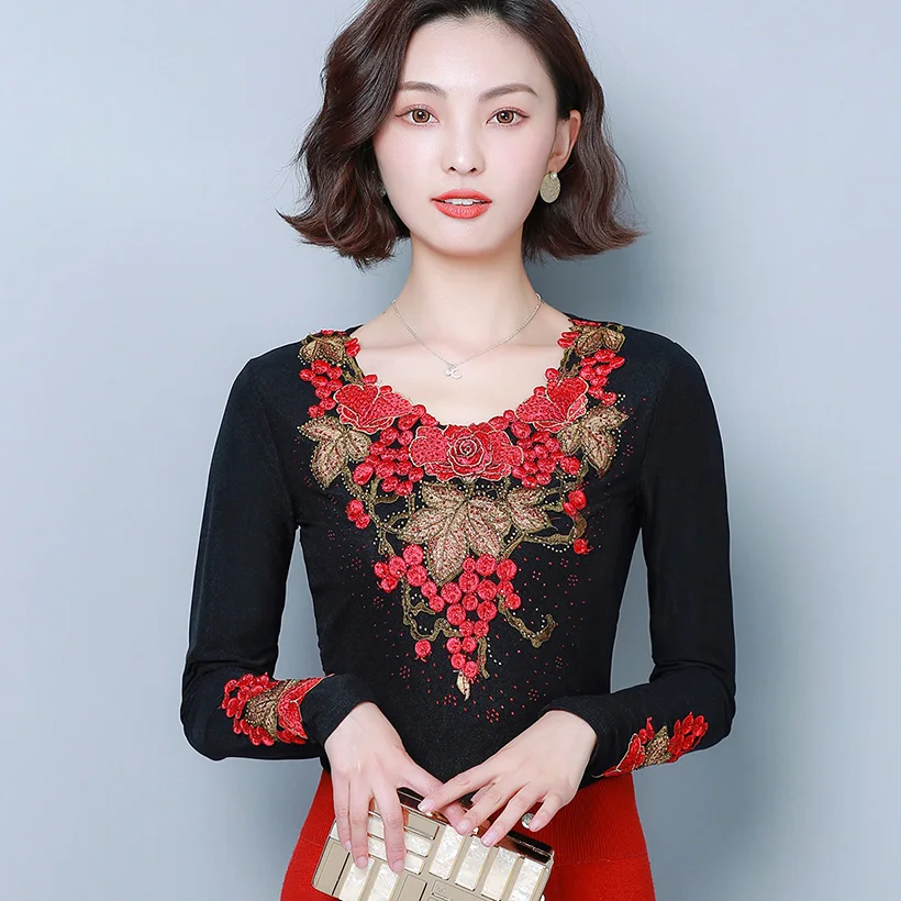 Красный 6XL blusas mujer de moda осенние сетчатые Топы с длинным рукавом модные элегантные тонкие женские блузки с цветочной вышивкой Рубашки Плюс топы - Цвет: Красный