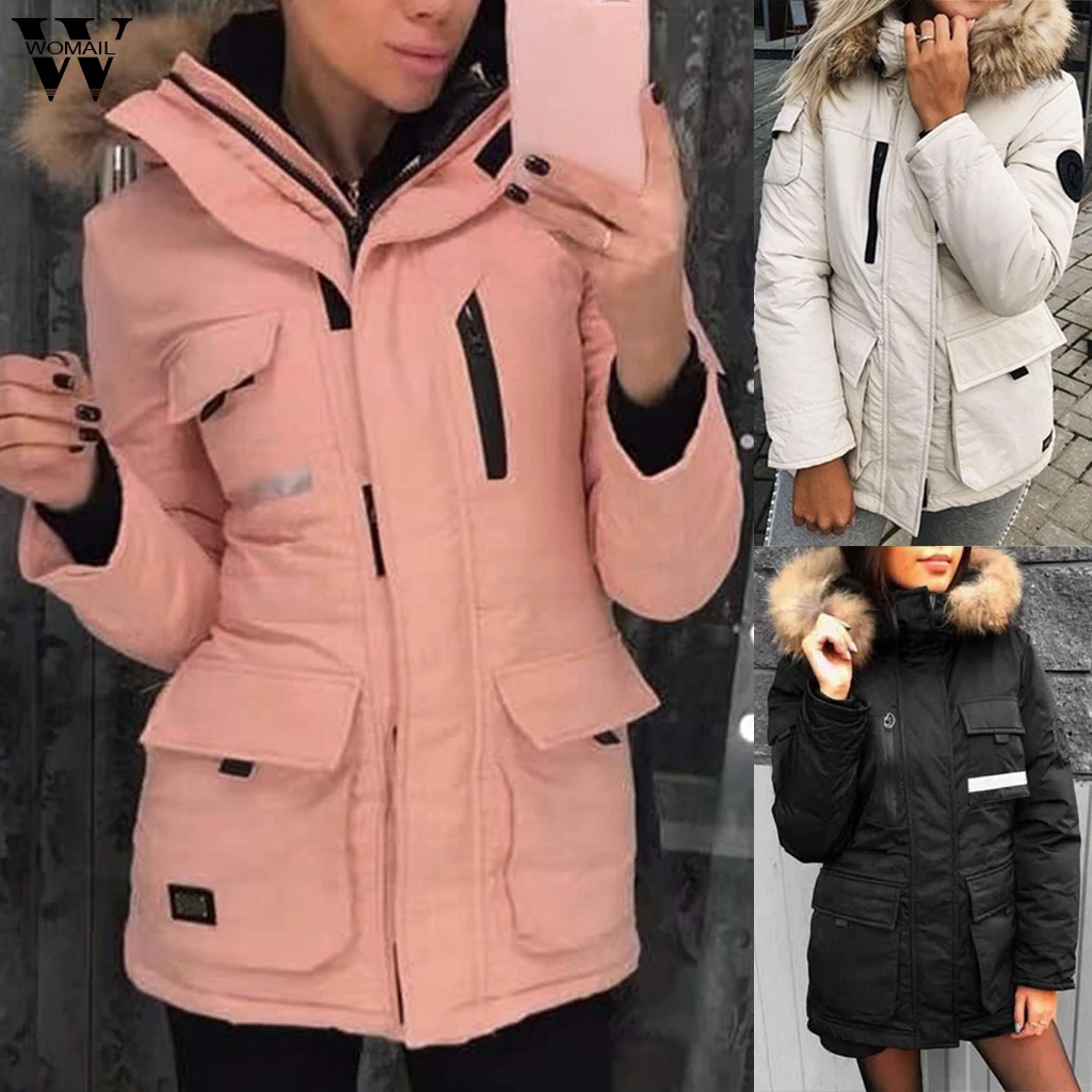 

Womail Women Coat Solid Button Zipper Pockets Faux Fur Collar Hooded Coats Parkas Jacket 2019 Fashion Winter Warm Coat Overcoat