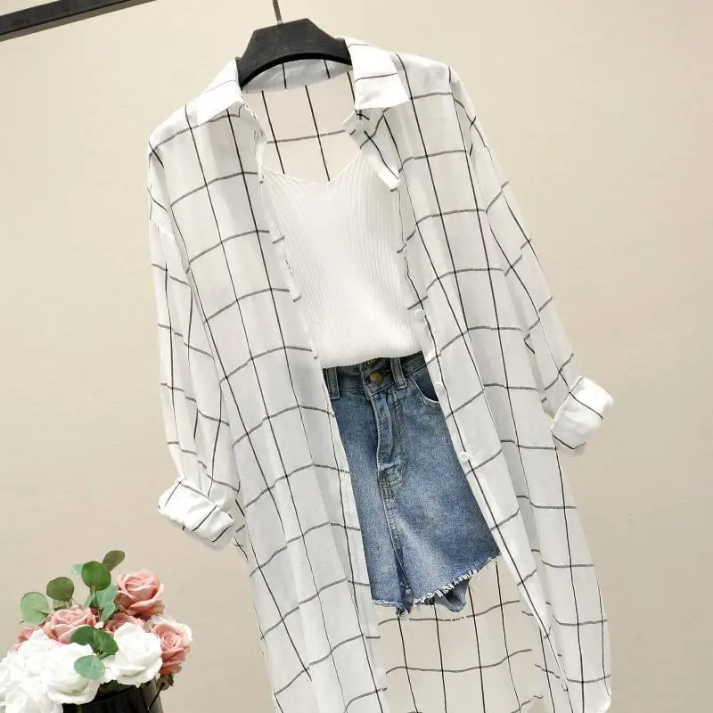 Neploe Korean Causal Plaid Women Blouse Long Sleeve Turn Down Collar Shirt Top Single Breasted Summer Suncreen Blusas Coat 4A894