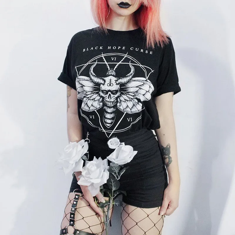 

Lychee Harajuku Dark Devil Demon Letter Print Women T-Shirts Summer Crew Neck Women T Shirts Top Tees Loose Lady T Shirt