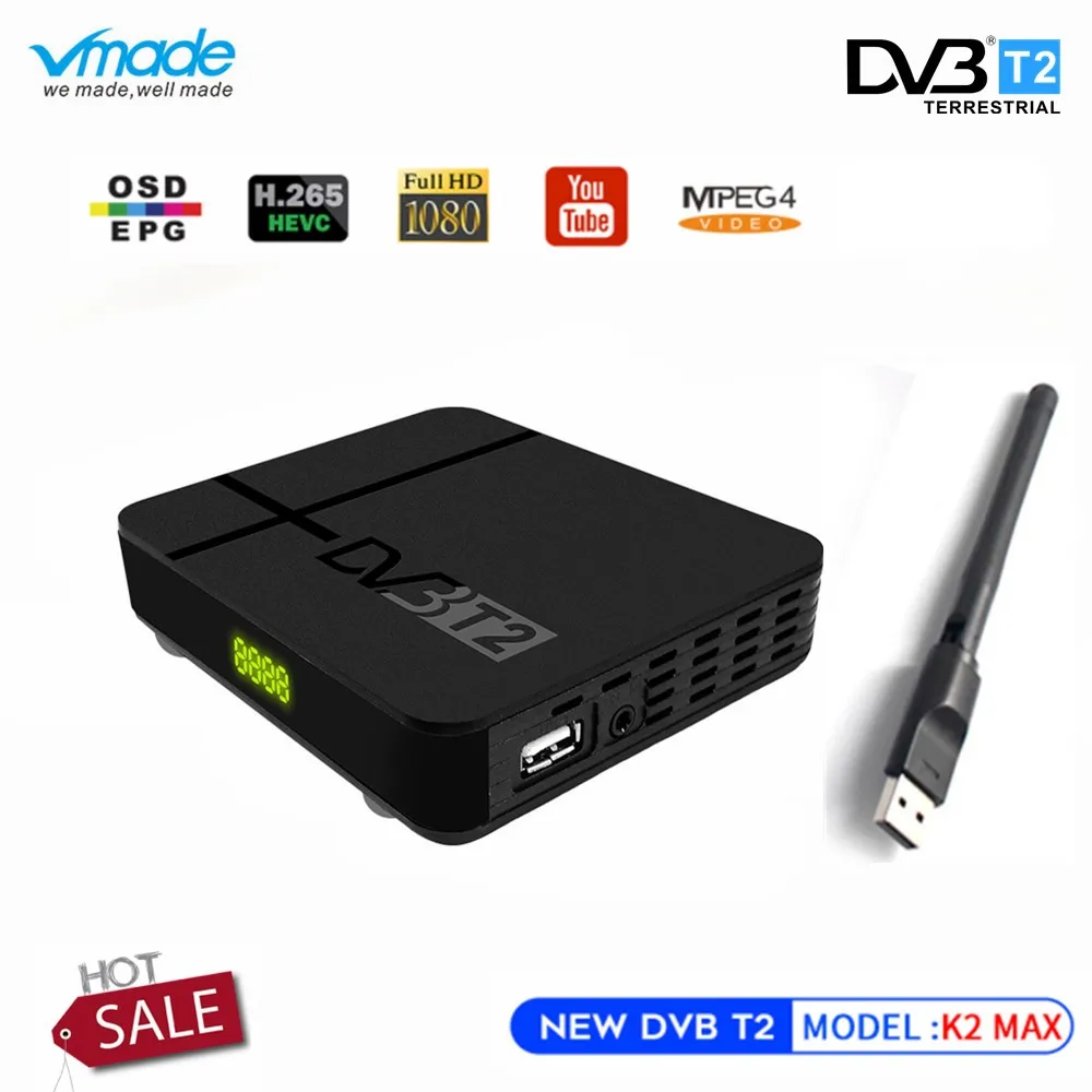 

Vmade Newest Full HD DVB-T2 K2 MAX TV Receiver Built-in RJ45 LAN Support YouTube PVR H.265 1080p DVB T2 Set Top Box+USB WIFI