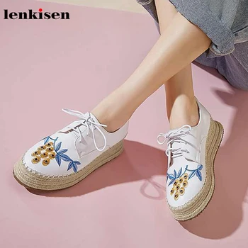 

Lenkisen new fashion unique genuine leather embroidered round toe high heels weave thick bottom autumn lace up women shoes L44
