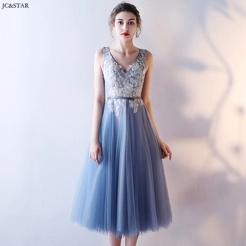 Пыльно-голубое платье подружки невесты, новинка, тюль, аппликация ALine3, Стильное элегантное платье для женщин, для свадебной вечеринки, платье длиной до середины икры, для свадьбы - Цвет: Dusty blue