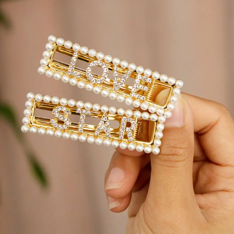 6 Pcs/set New Girls Artificial Pearl Hairpin Rectangular Duckbill Clips Fashion Women Rhinestone Letter Hair Clip M7DD