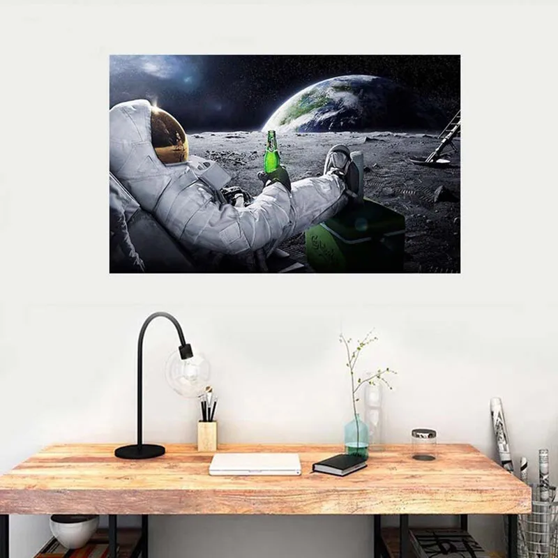 Modern Beers Outer Space Earth Astronauts Moon Oil Painting on Canvas Posters Prints Cuadros Wall Art Pictures For Living Room
