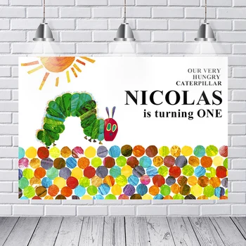 

Our Very Hungry Caterpillar NAME Is Turning One Backdrop for Photo Studio Sun Children Newborn Birthday Party Backgrounds Vinyl