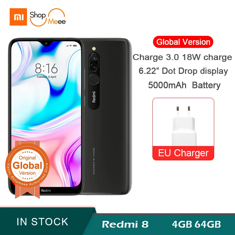 Смартфон Xiaomi Redmi 8 с глобальной версией, 4 ГБ, 64 ГБ, 5000 мА/ч, большая батарея, камера, 12 МП, 8 Мп, селфи-телефон, 6,22, точечный экран, 18 Вт