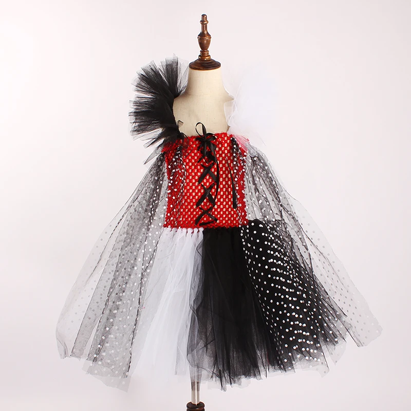 Cruella De Vil inspired Girls Tutu Dress with Headband Kids Dalmatians Villain Halloween Costume Polka Dot Children Party Dress (11)