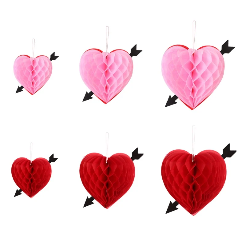 Valentine Hanging Lanterns Heart Shape Honeycomb Ball Paper Honeycomb Balls Decorations Wedding Party Valentine  Decoration