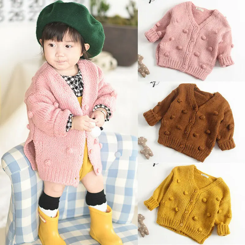 Toddler Winter Clothes Kids Baby Girl Knitted Sweater Coat Long Sleeve Solid Cardigan Jacket Small Ball Decoration Outwear