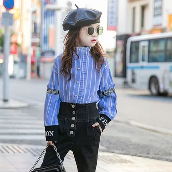 

INS HOT Girl shirt baby kids 4-15 years old cotton Blend Korean Lace collar vertical stripes long sleeve letters striped shirt