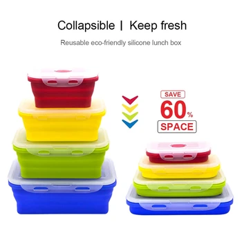 

Collapsible Silicone Food Storage Container 350ml 500ml 800ml 1200ml with Lids Microwavable Foldable Lunch Containers