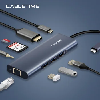 

CABLETIME USB C HUB to HDMI USB 3.0 VGA Multi HUB Card Reader RJ45 USB C Date Transfer Adapter for Matebook PD Charging N305