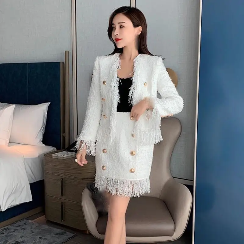 

New Jacket Women Fall Winter Woolen Fringed Tweed Tassel Two Piece Set V-Neck White Slim Long Sleeve Loose Two Piece Outfits