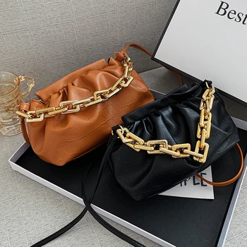

Fashion Pleated Crossbody Bag Women Stone Pattern PU Leather Shoulder Messenger Pouch Solid Color Female Chain Clutches Totes
