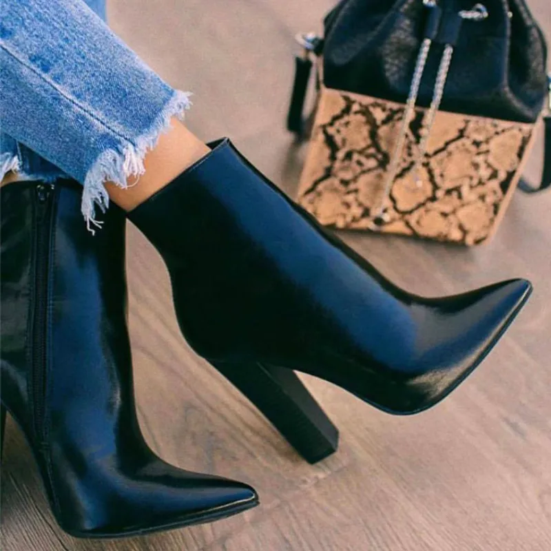 

2020 New Winter Women Ankle Boots Fashion Pointed Toe Zip Square High Heels PU Leather Female Boot Black Party ShoesZH100400
