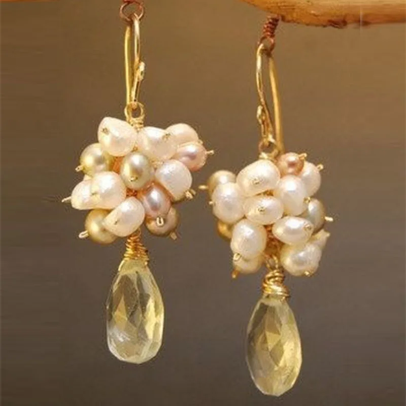 Cluster of mixed color pearls with green amethyst Earrings