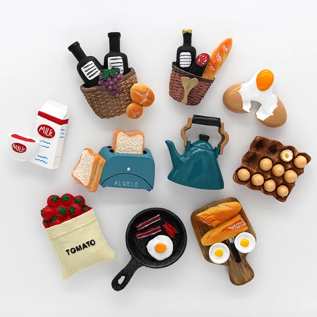 Home decoration magnes na lodówkę wklej kartki samoprzylepne maszyna do chleba pomidorowa patelnia do smażenia jajek czajniczek mleko model lodówka magnes kolekcja 1