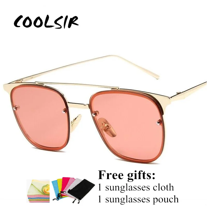 

2019 Fashion Ocean Lenses Sunglasses Women Men Big Square Frame Unisex Sun Glasses Double Bridge Metal Eyewear Blue Yellow Lens